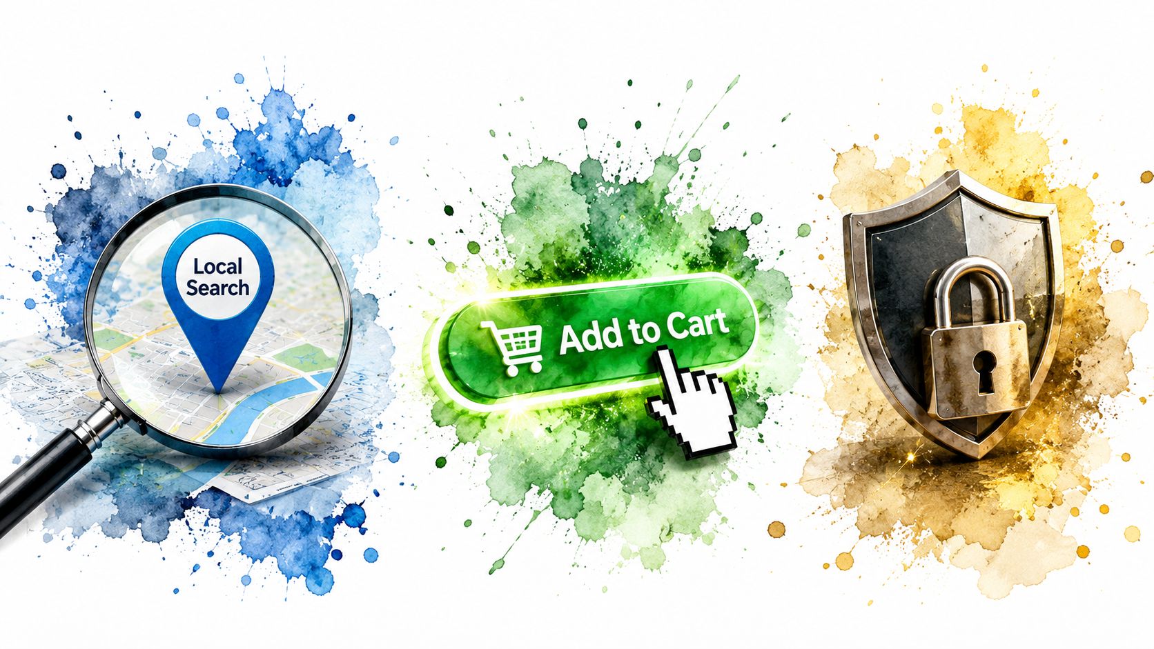Iconic representation of digital business services including local search, online shopping, and cybersecurity data protection symbols.