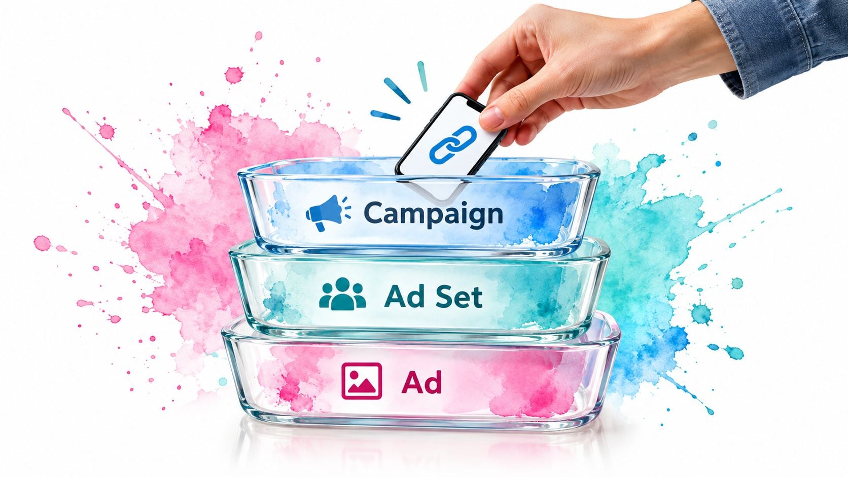 A hand placing a smartphone with a link icon into a stack of glass containers representing advertising hierarchy.