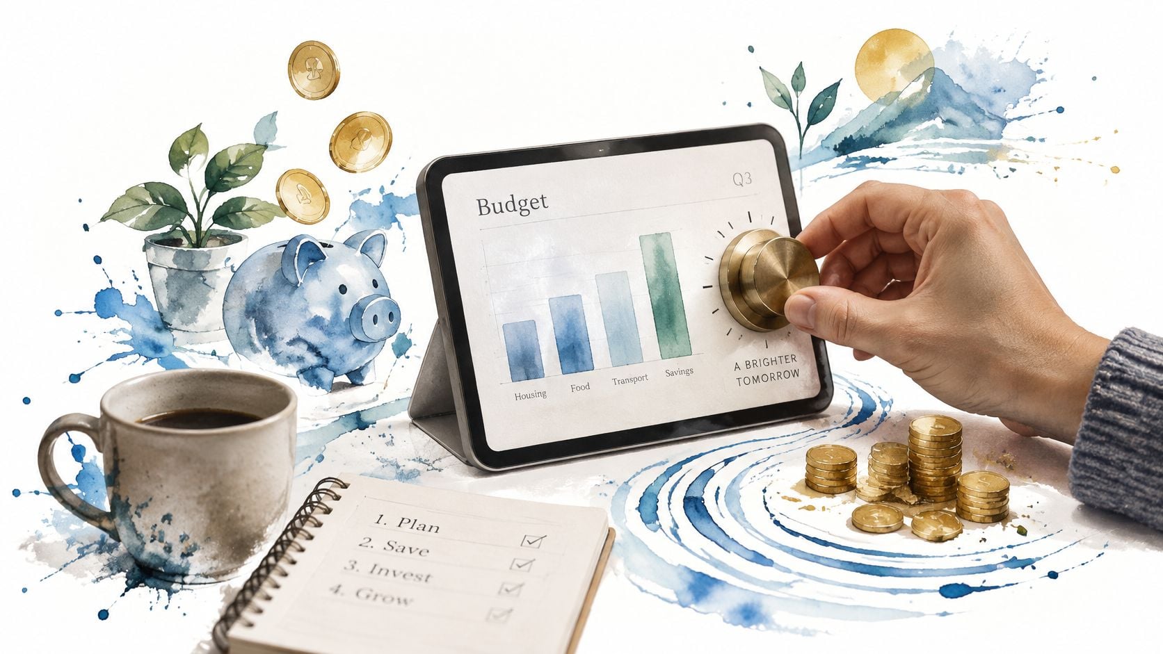 A hand adjusts a dial on a tablet screen showing financial budget charts with coins and stationery.