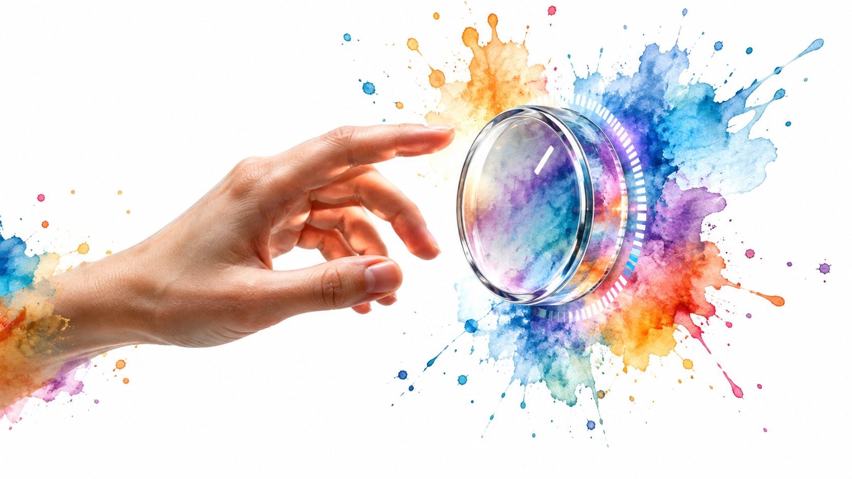 A hand reaching to touch a digital dial surrounded by vibrant, colorful watercolor paint splatters.