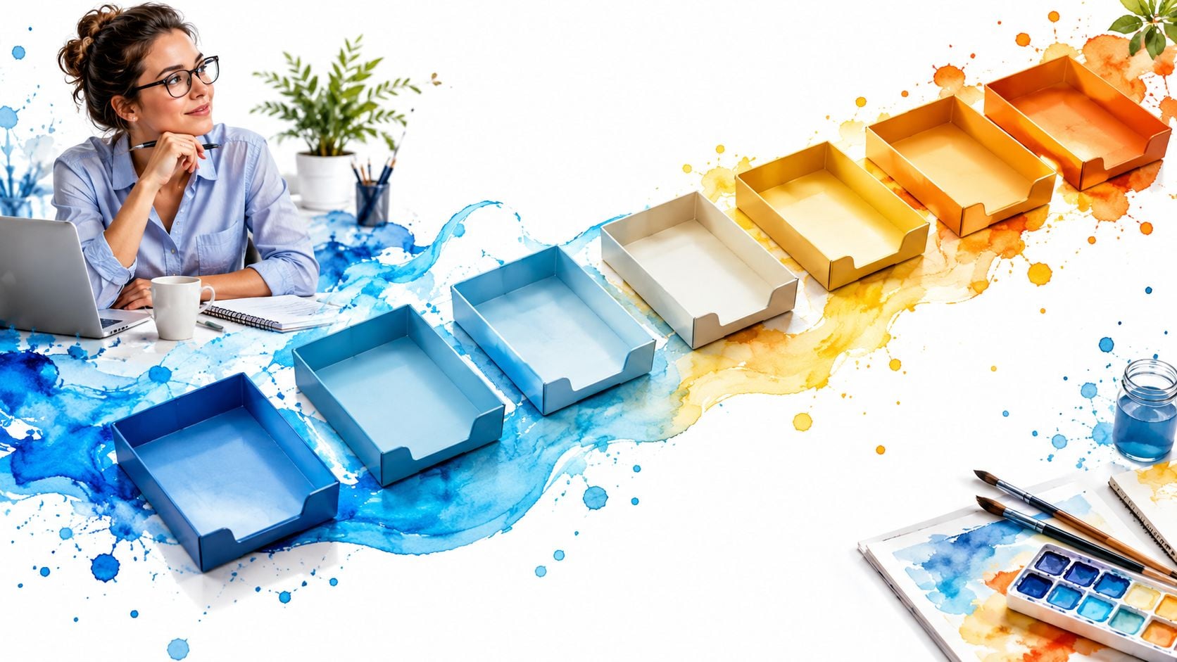 A woman working at her desk with colorful file trays transitioning from blue to yellow watercolors.