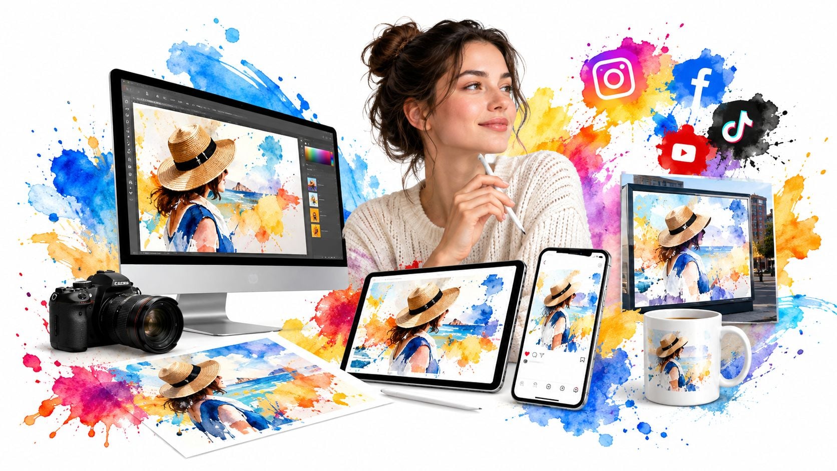 A creative designer working on digital art across a computer, tablet, and smartphone with watercolor elements.