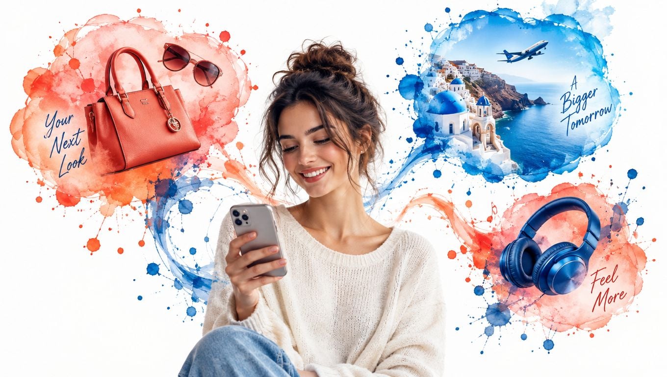 A smiling woman holding a smartphone surrounded by creative watercolor splashes showing fashion, travel, and audio products.