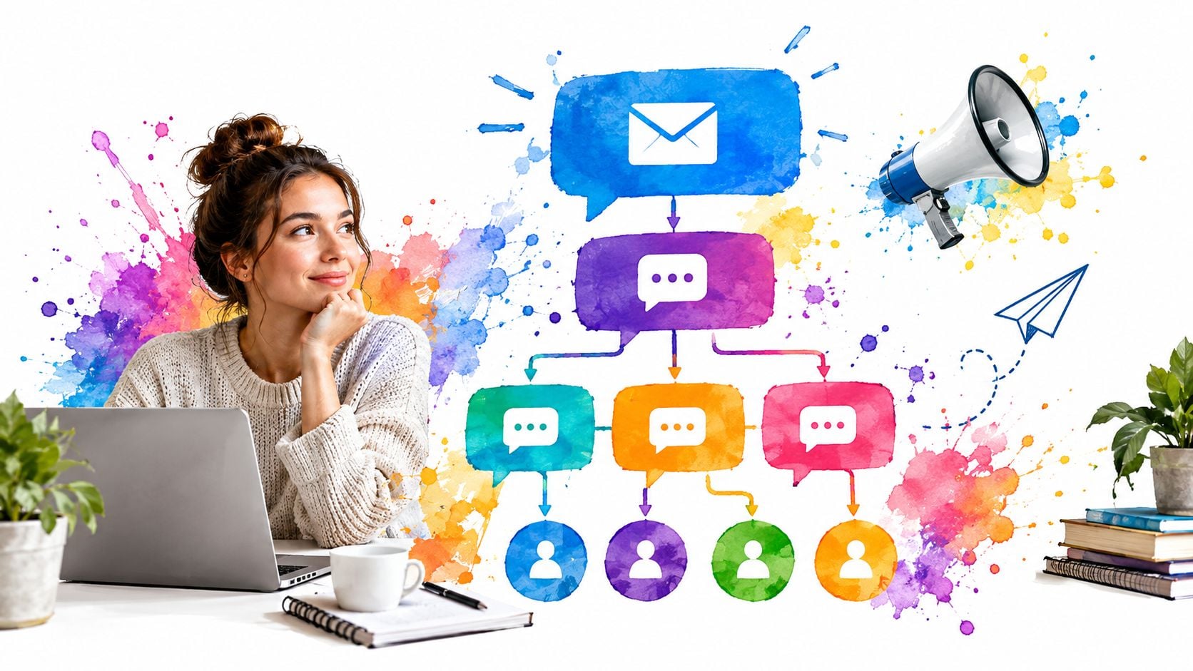 A woman looks thoughtfully at a digital marketing flowchart featuring speech bubbles and icons against colorful paint splashes.
