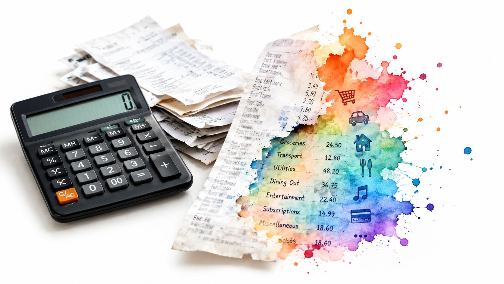 A calculator resting next to a torn receipt with watercolor stains and financial category icons.