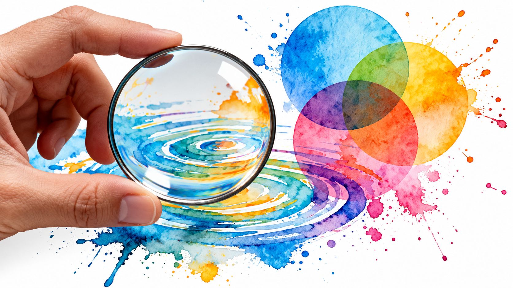 A hand holding a magnifying glass over a colorful watercolor painting of abstract circles and ripples.