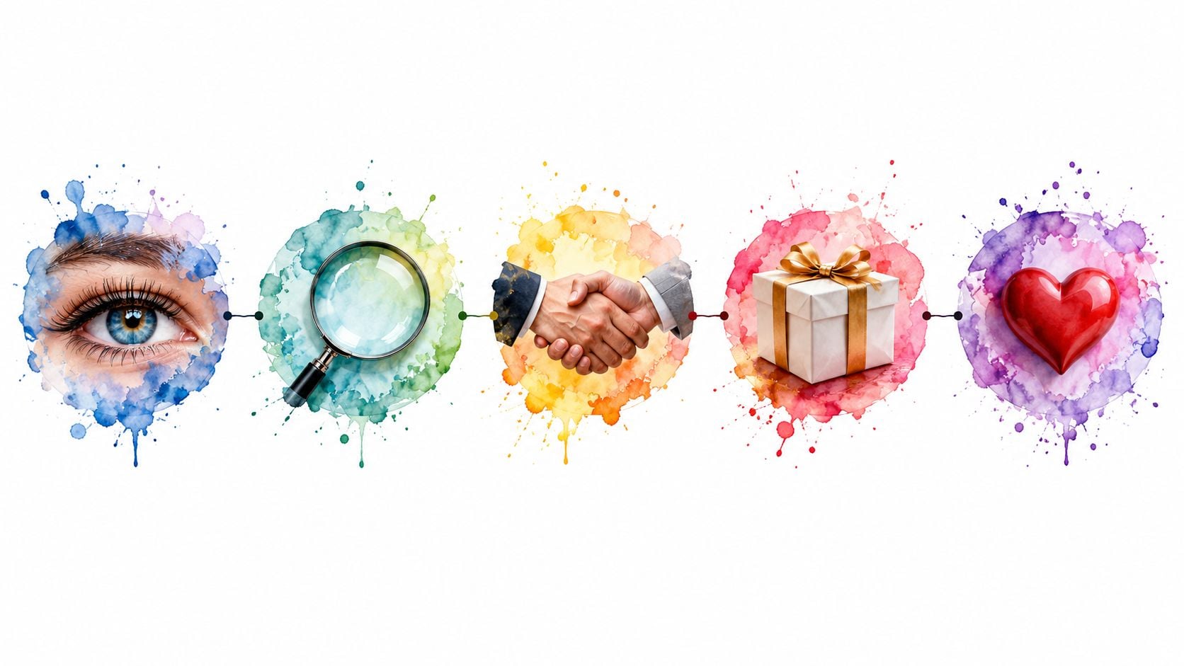 A conceptual sequence featuring an eye, magnifying glass, handshake, gift, and heart icon on watercolor circles.