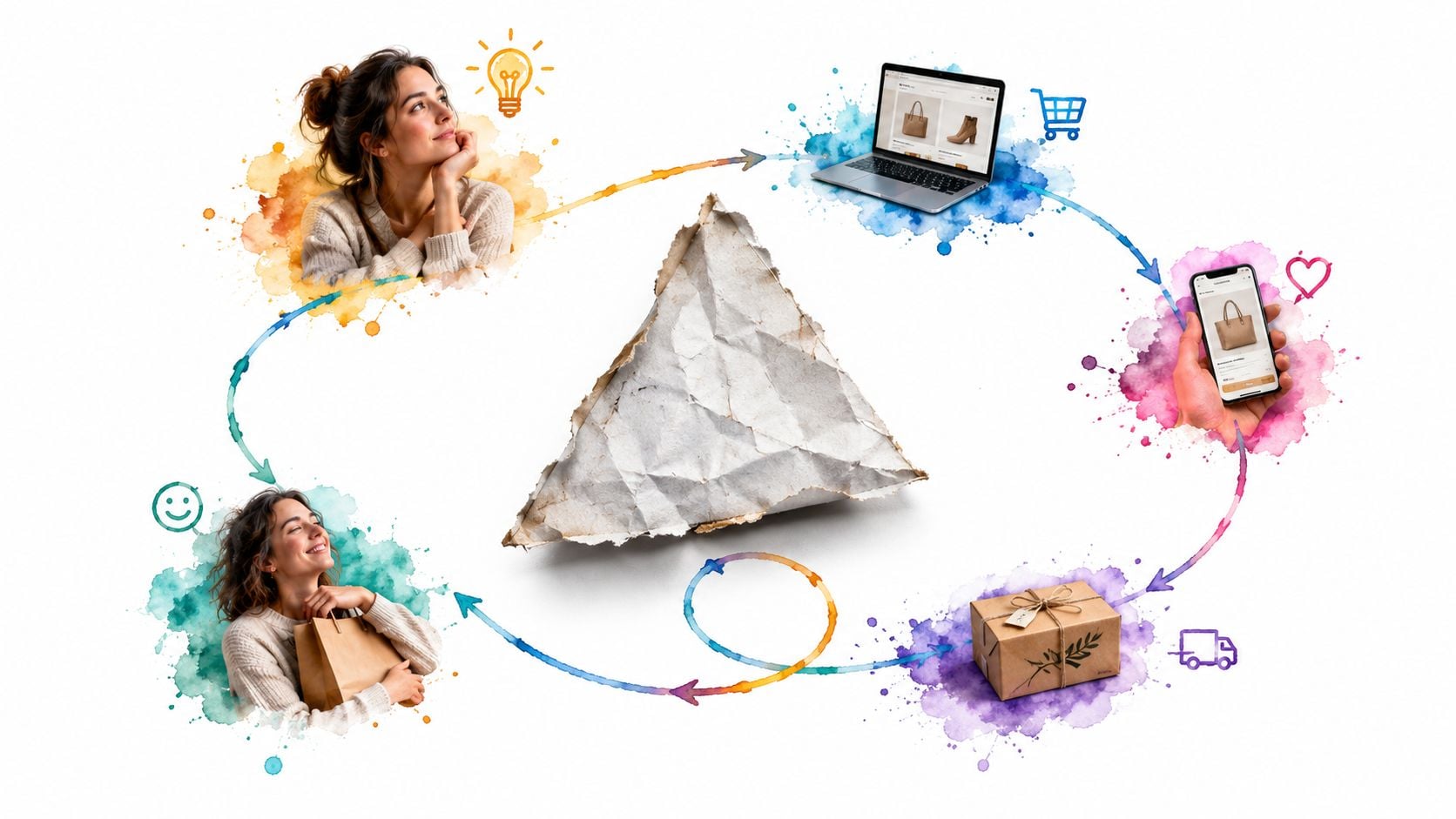 A digital customer journey illustration showing a woman thinking, shopping, tracking a delivery, and receiving a package.