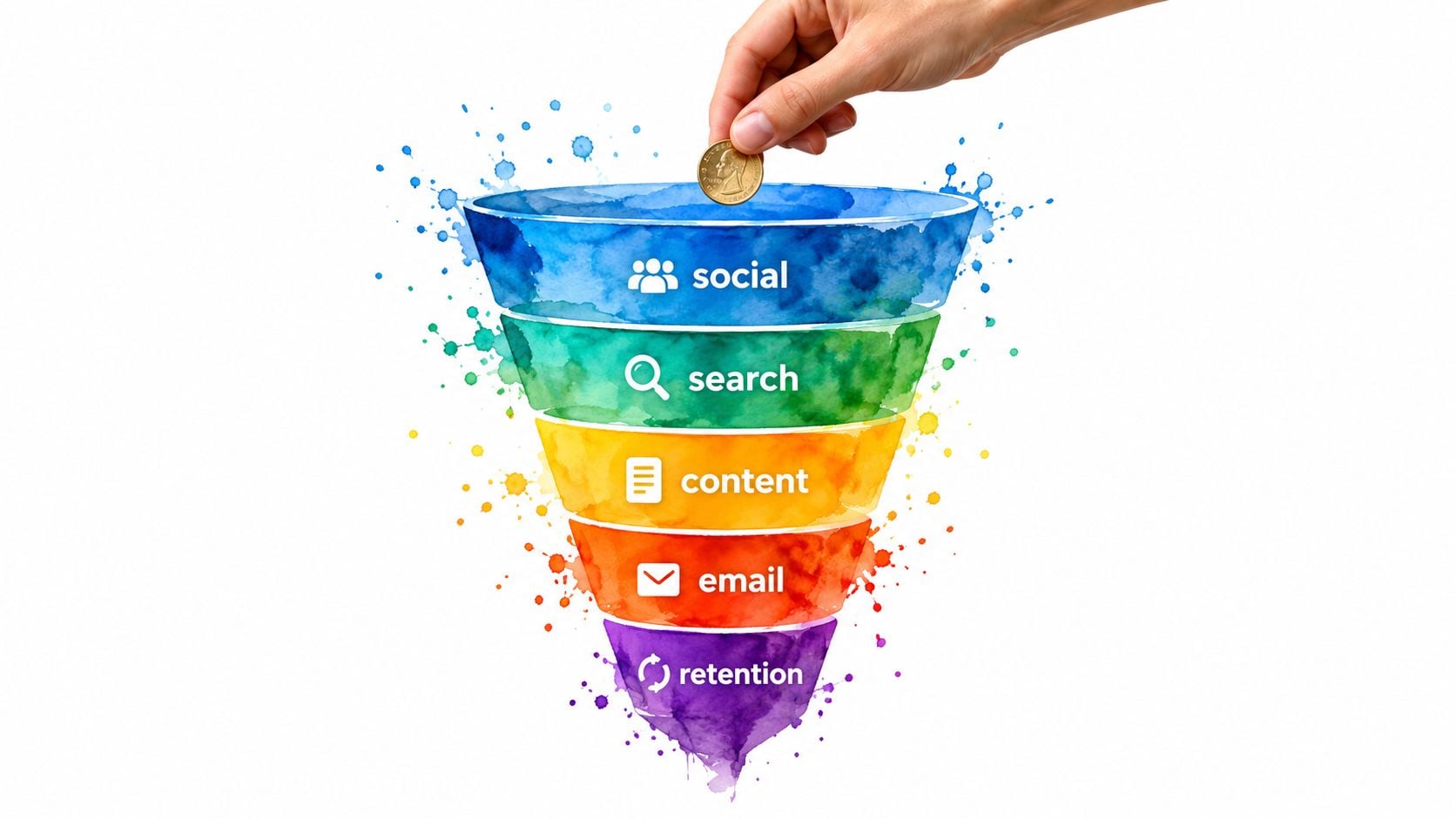 A watercolor illustration of a multi-colored marketing funnel being filled with a coin by a human hand.