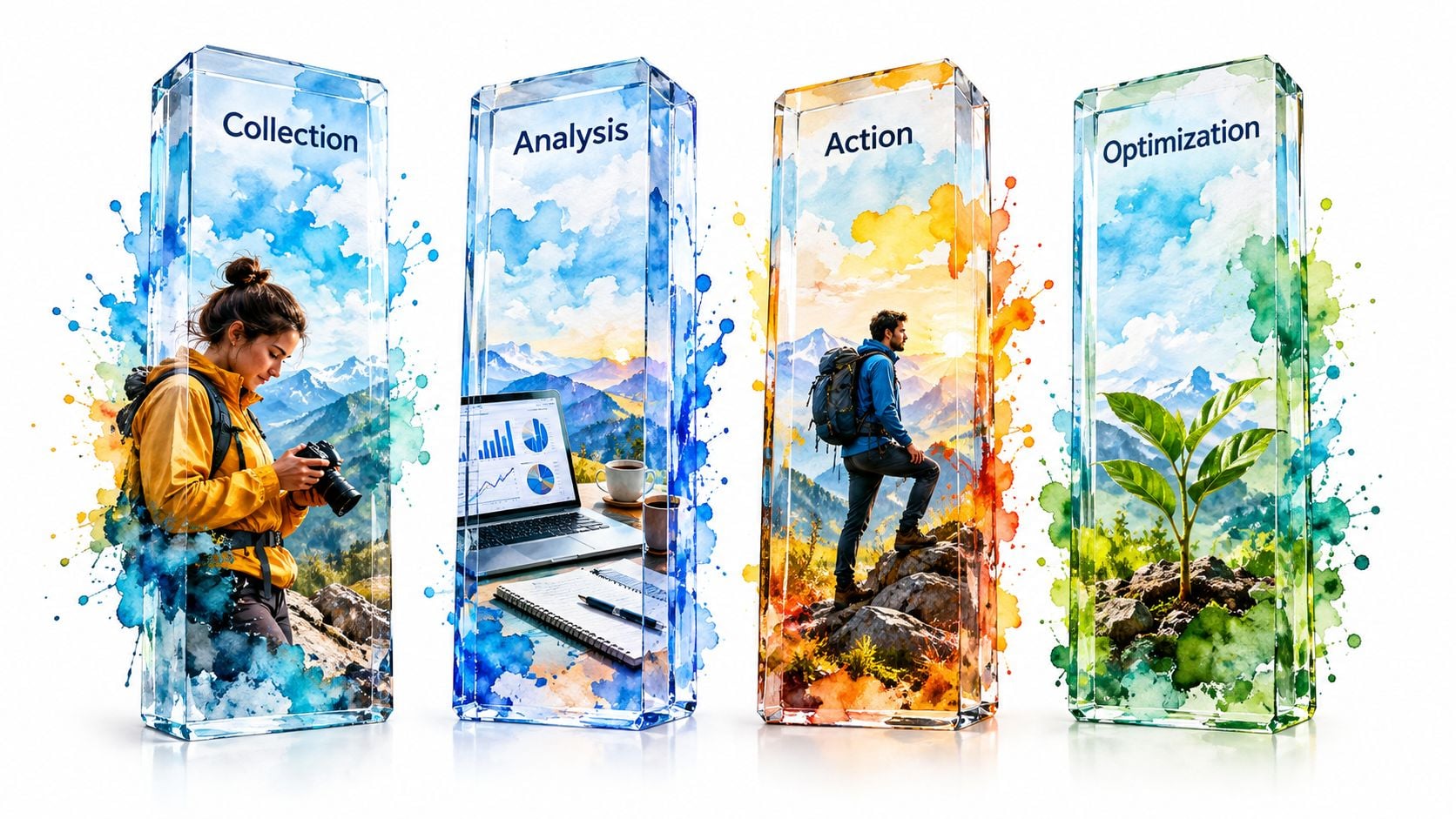 Four vertical crystalline structures illustrating the stages of data driven marketing: Collection, Analysis, Action, and Optimization.