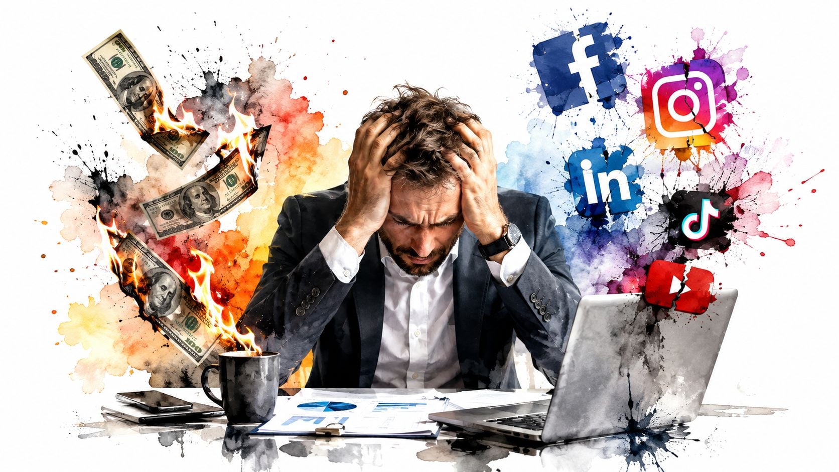 A stressed businessman sitting at a desk with burning money, a laptop, and social media icons.
