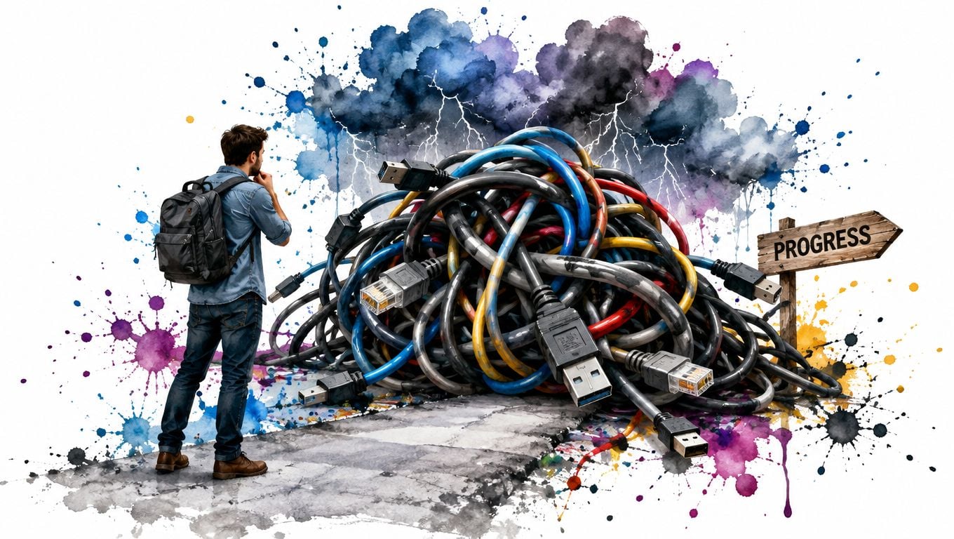 A young man with a backpack contemplates a large, tangled heap of colorful electronic cables and wires.