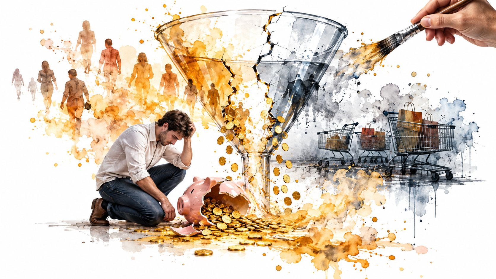A distressed man kneels by a shattered piggy bank near a broken funnel representing e-commerce conversion challenges.