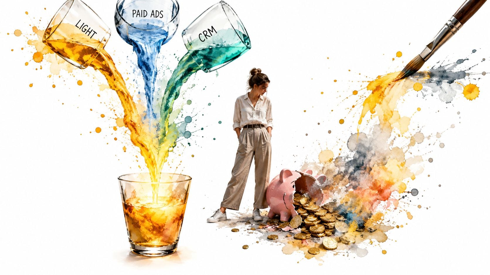 A conceptual illustration showing marketing channels pouring into a glass beside a broken piggy bank