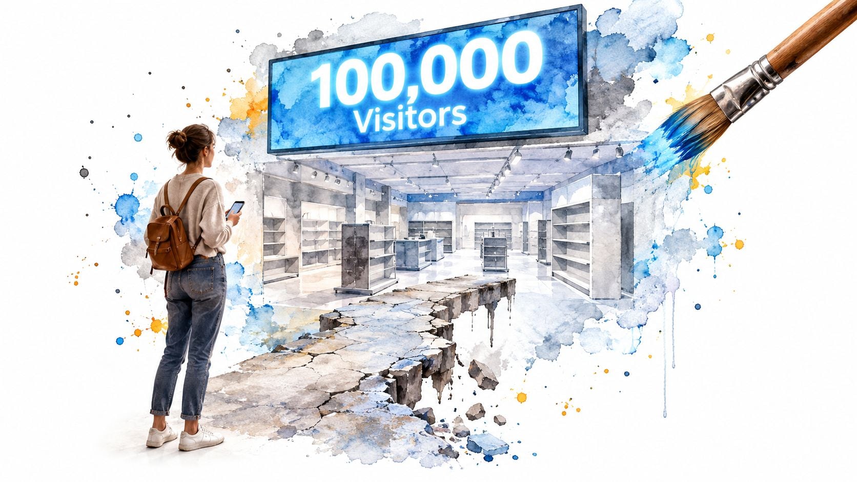 A creative illustration featuring a shopper looking at a digital sign announcing 100,000 visitors to a store.