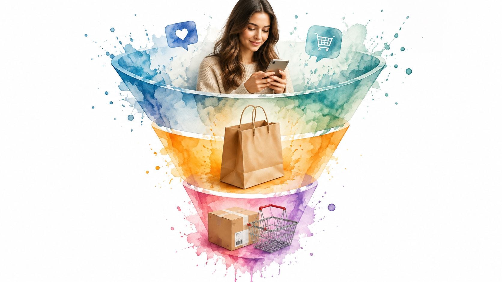 A woman using a smartphone above a colorful marketing funnel representing the e-commerce customer journey process.