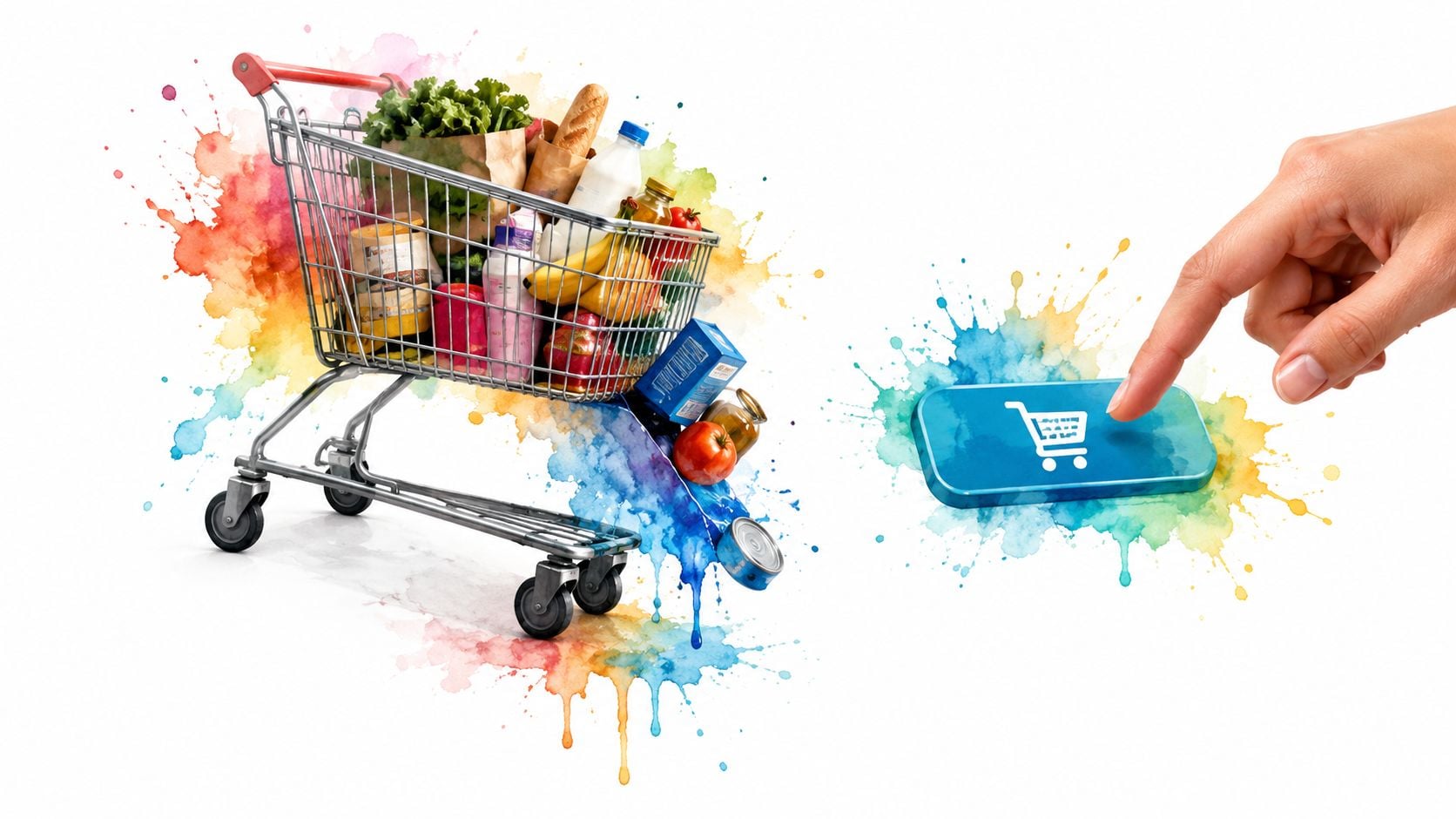 A hand pressing a digital shopping cart button next to a grocery cart filled with food items.
