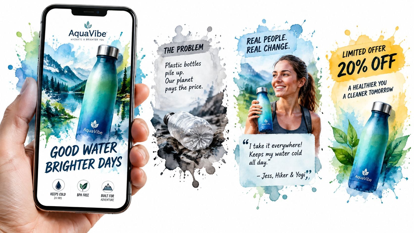 A hand holding a smartphone displaying an AquaVibe water bottle advertisement with environmental messaging and discounts.