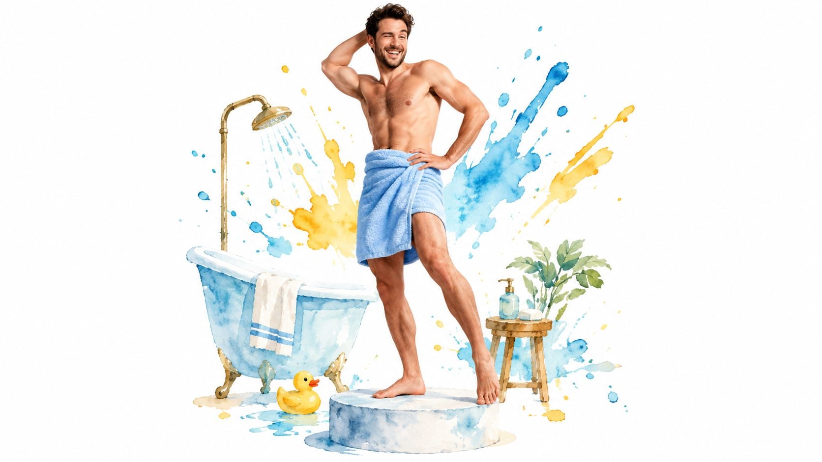 A fit, smiling man wrapped in a blue towel standing on a pedestal near a bathtub and shower.