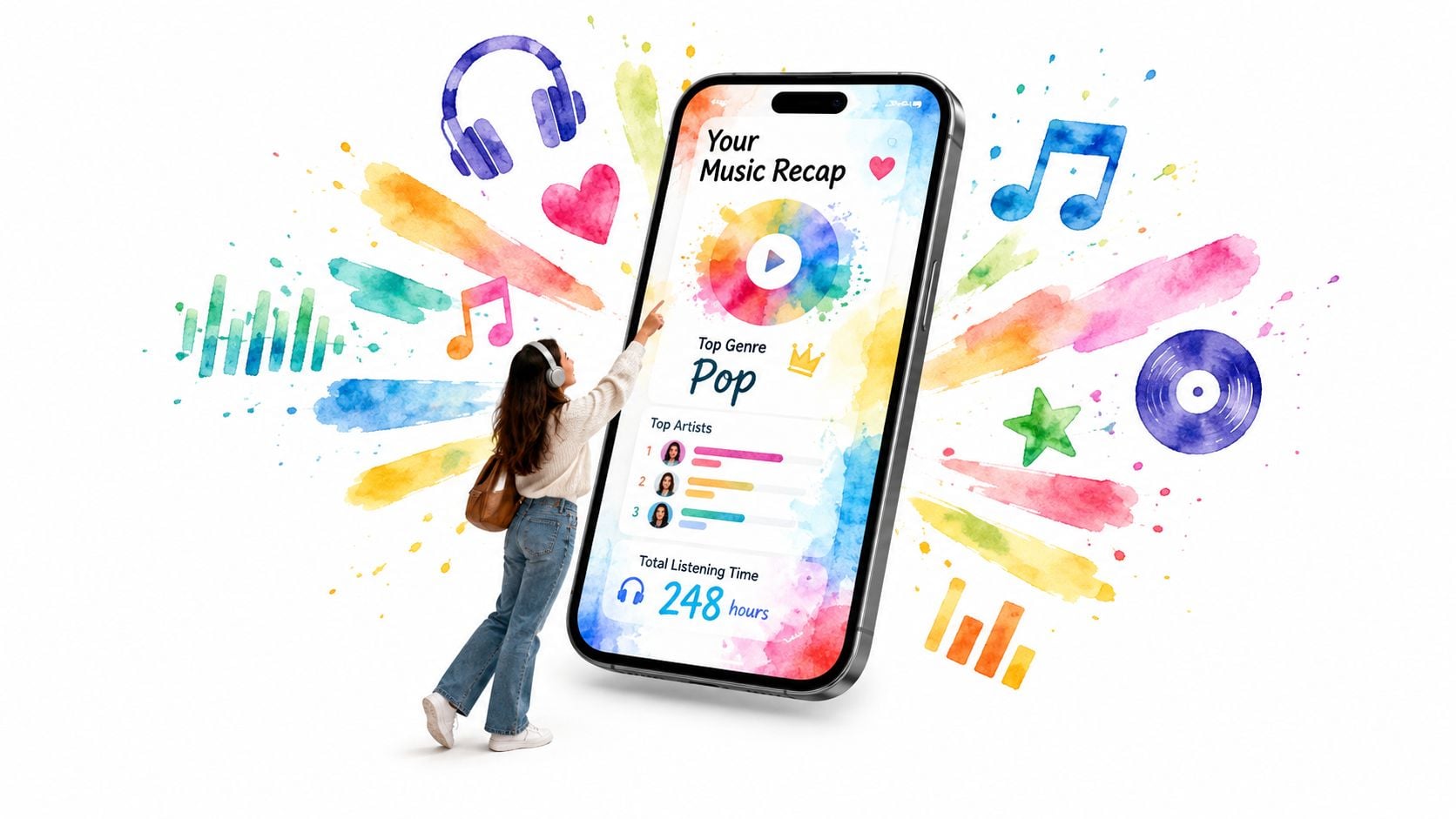 A woman interacting with a large mobile phone displaying a personalized music recap with colorful abstract graphics.