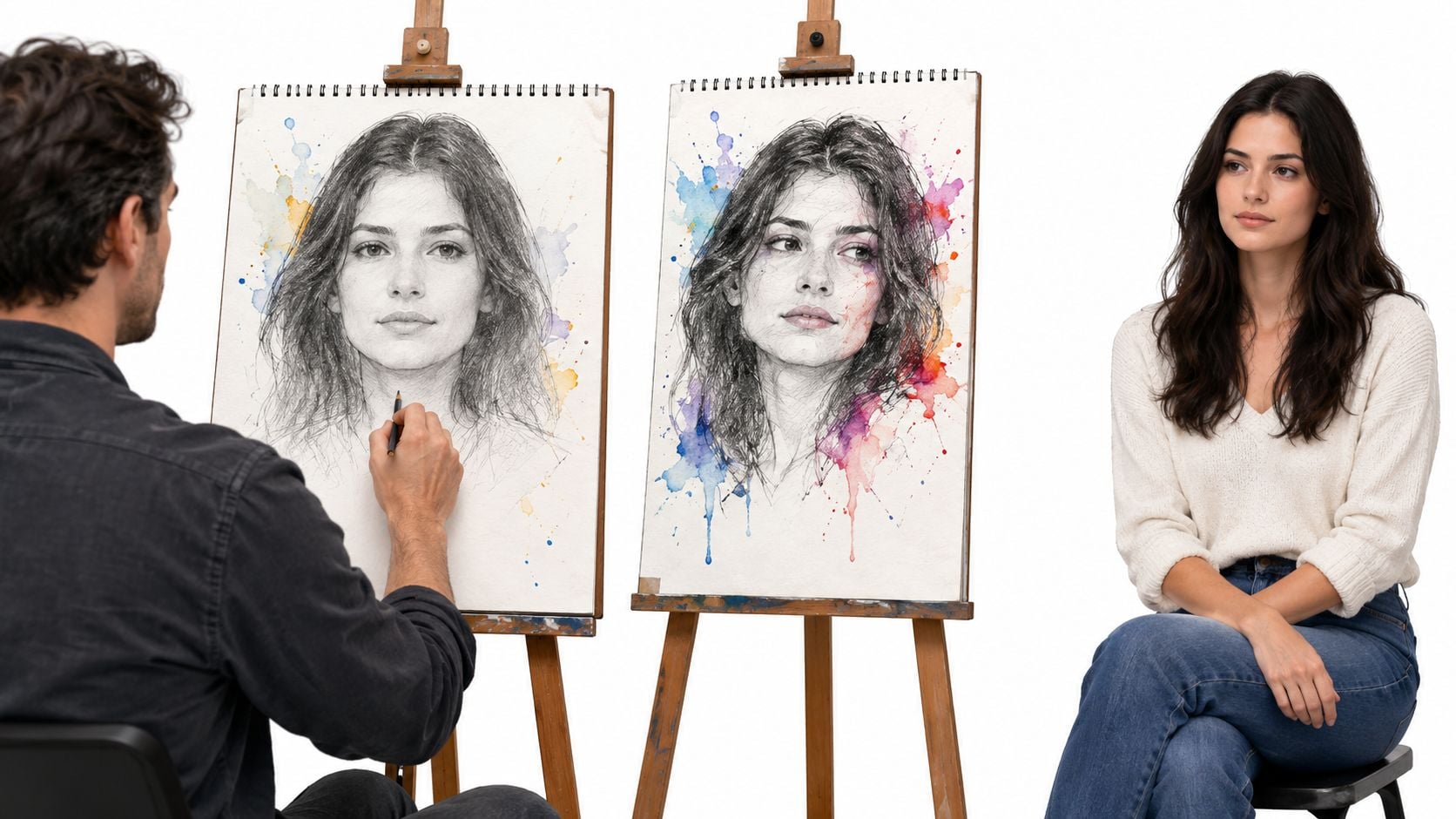 An artist drawing a portrait of a woman sitting on a chair in a studio setting.