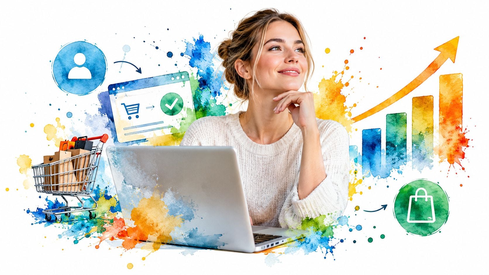 A woman using a laptop with digital marketing icons and growth charts depicting improved advertising conversion rates.