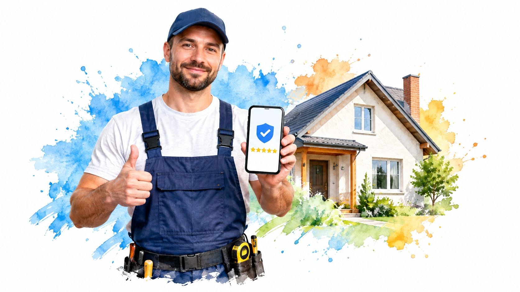 A friendly contractor giving a thumbs up while holding a smartphone displaying a five-star review icon.