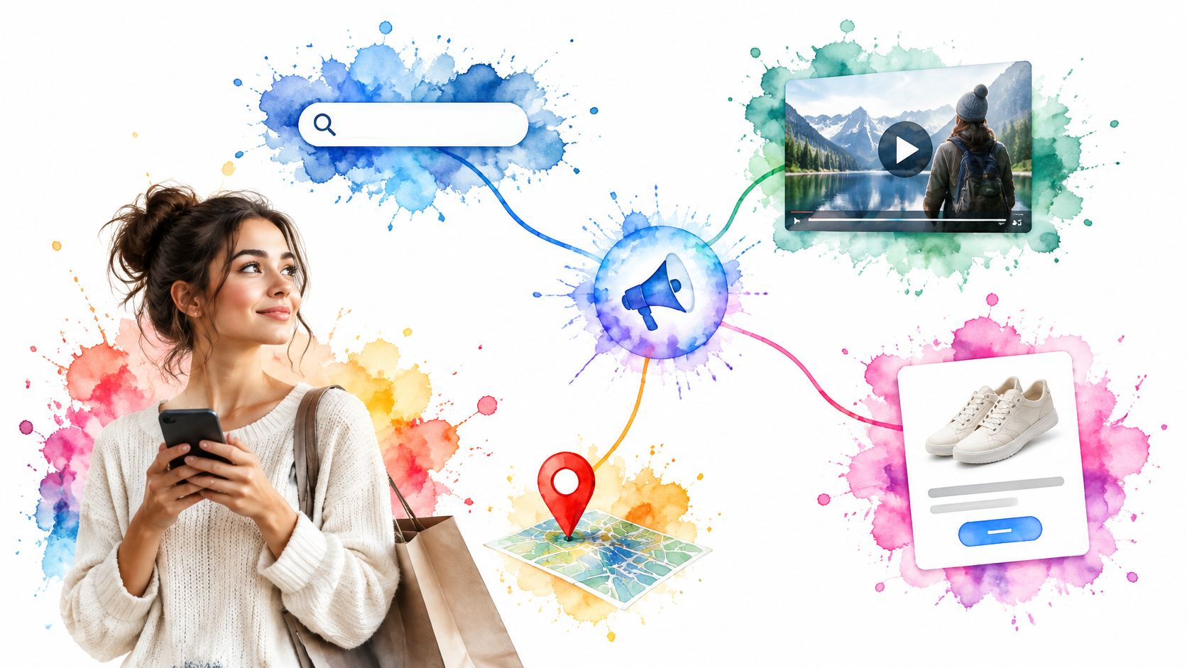 A young woman using her smartphone, surrounded by colorful illustrations representing digital advertising and marketing concepts.
