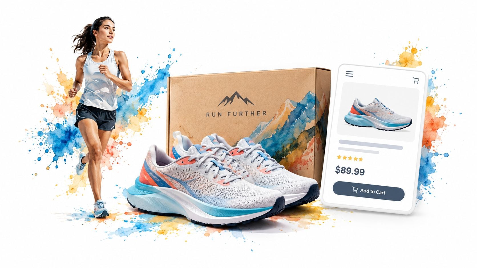 A woman running beside a pair of athletic sneakers and a mobile shopping interface on white.