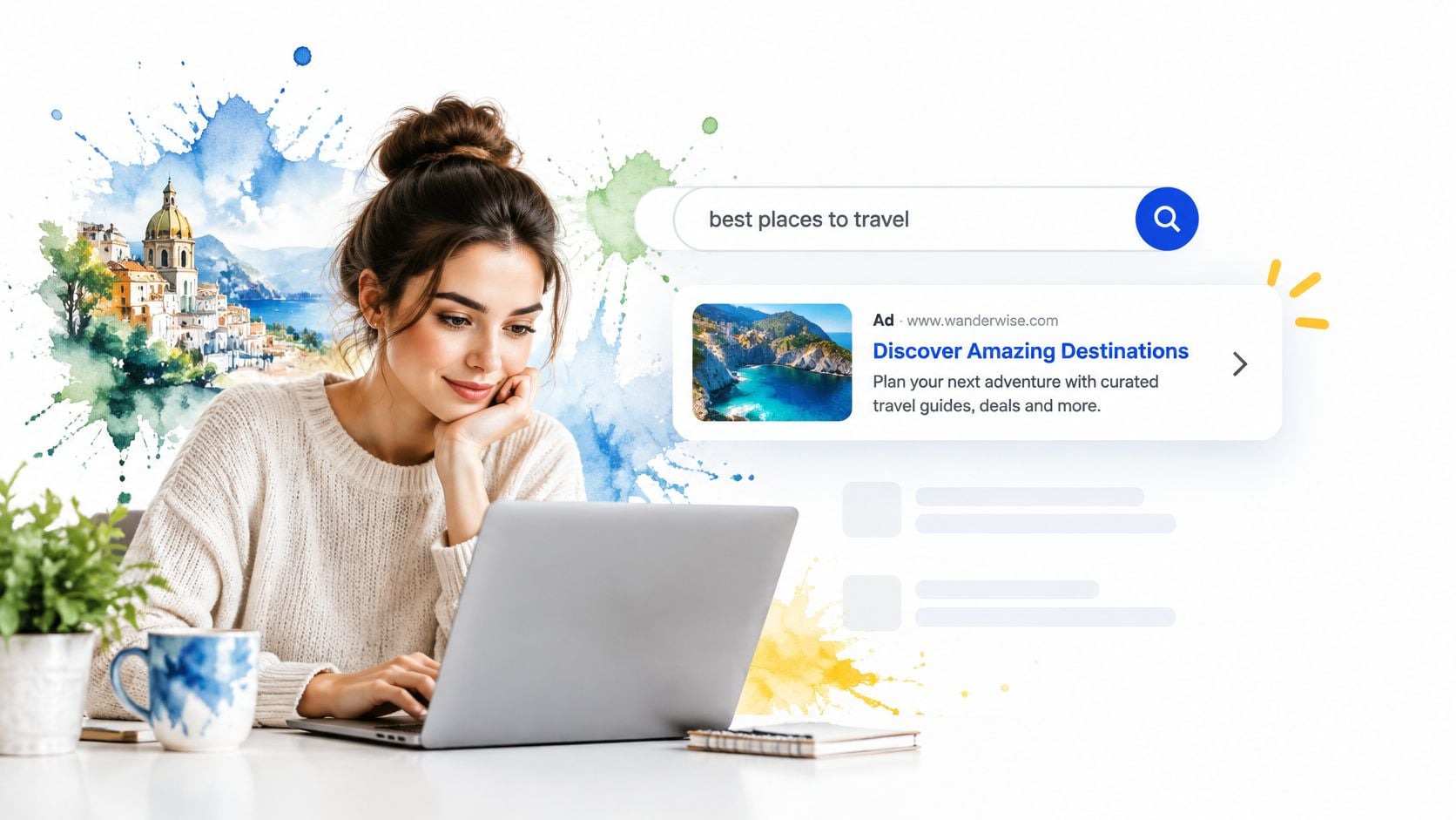 A woman using a laptop to search for travel destinations, with an example Google ad displayed nearby.