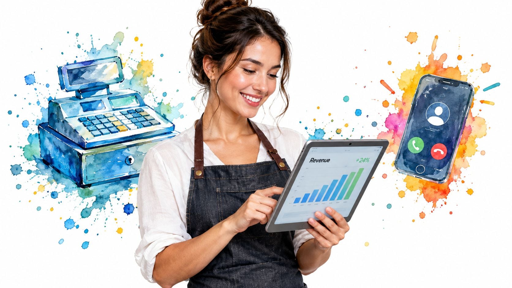 A smiling woman in an apron uses a tablet showing revenue growth with checkout and phone icon.