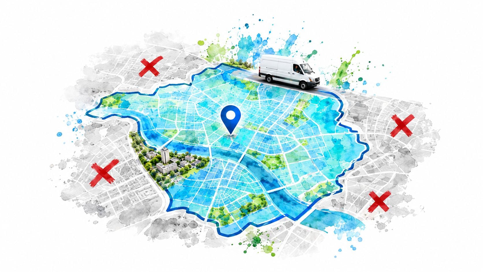 A delivery van driving over a map showing a highlighted blue city area with location markers.