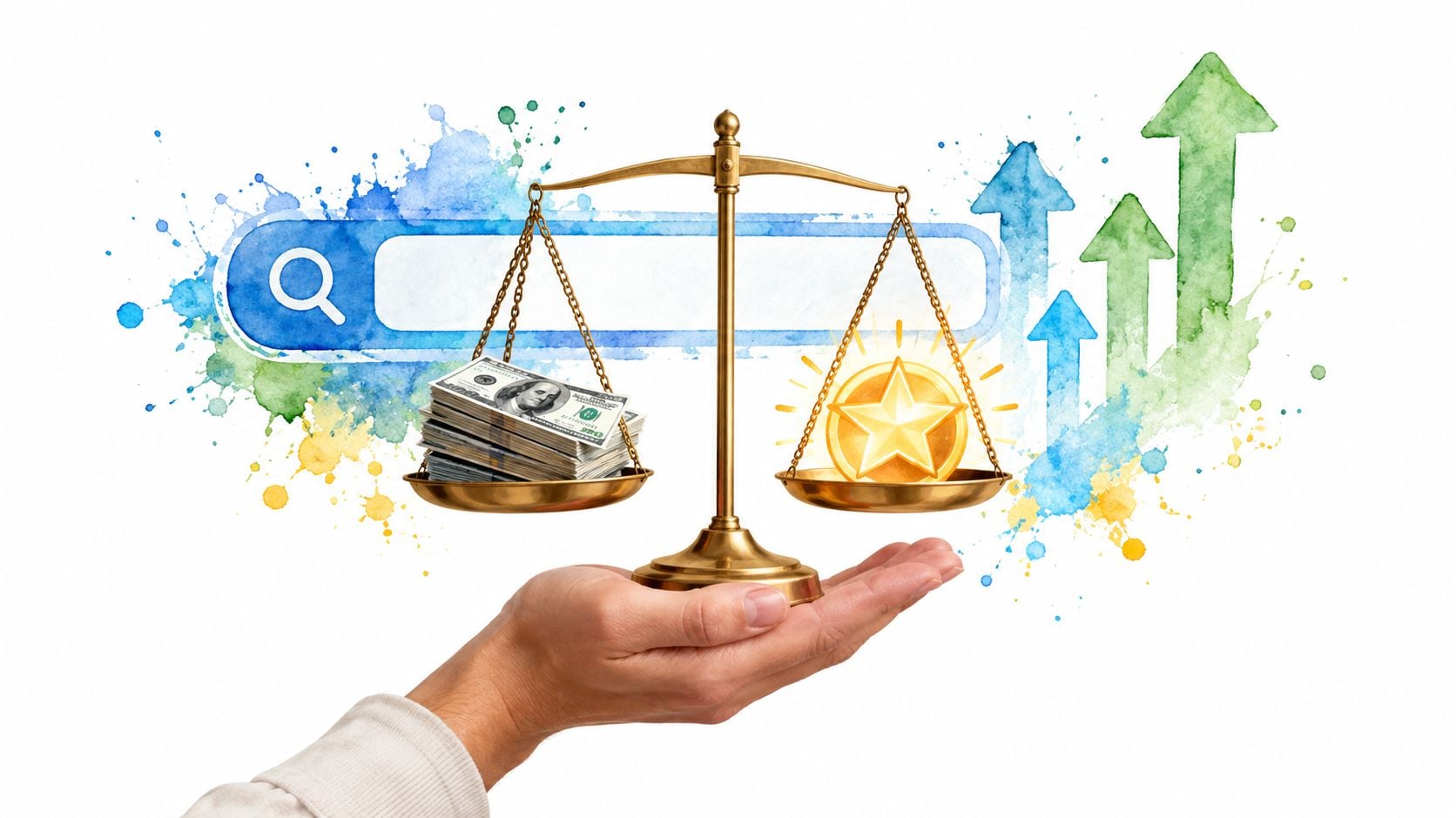 A hand holding a balance scale weighing money against a star symbol with search engine iconography.