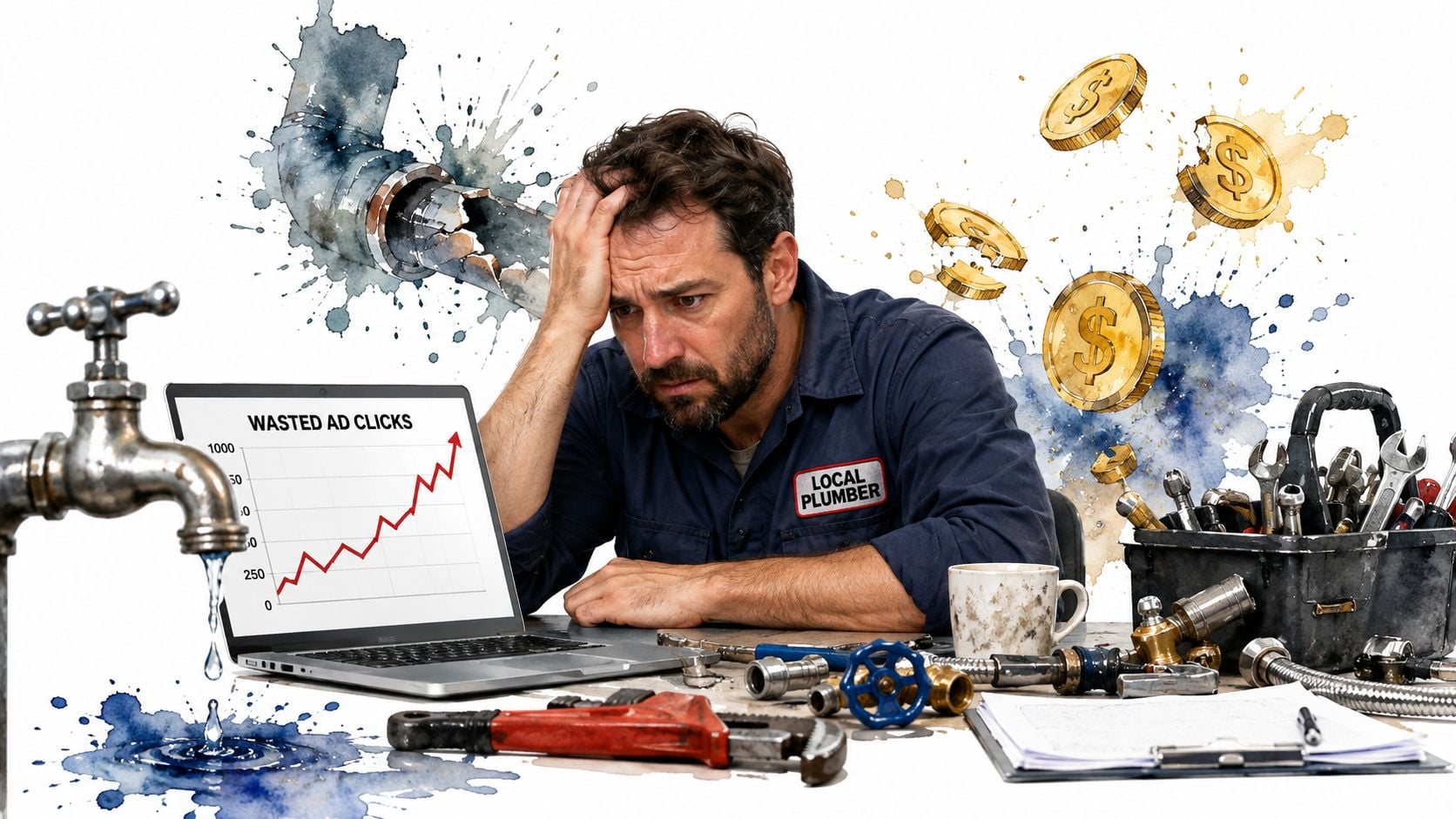 A frustrated plumber sitting at a desk with a laptop showing rising wasted ad click statistics.