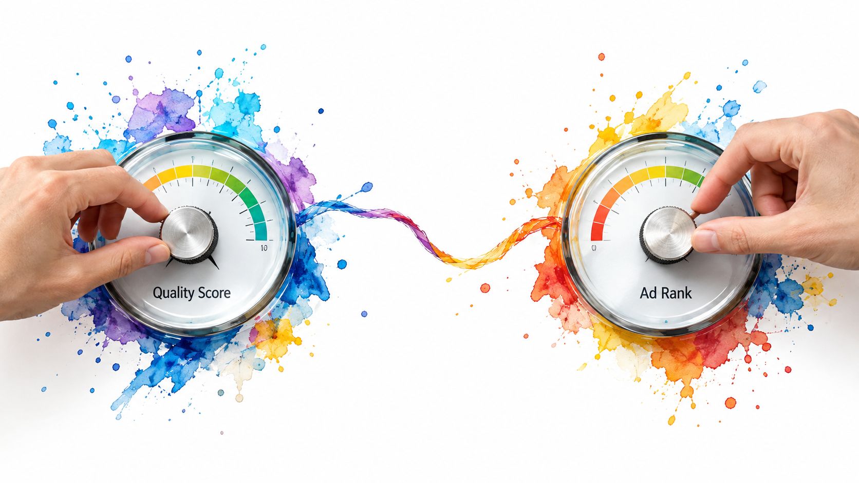 Two hands adjusting dials representing the relationship between Google Ads quality score and ad rank performance.