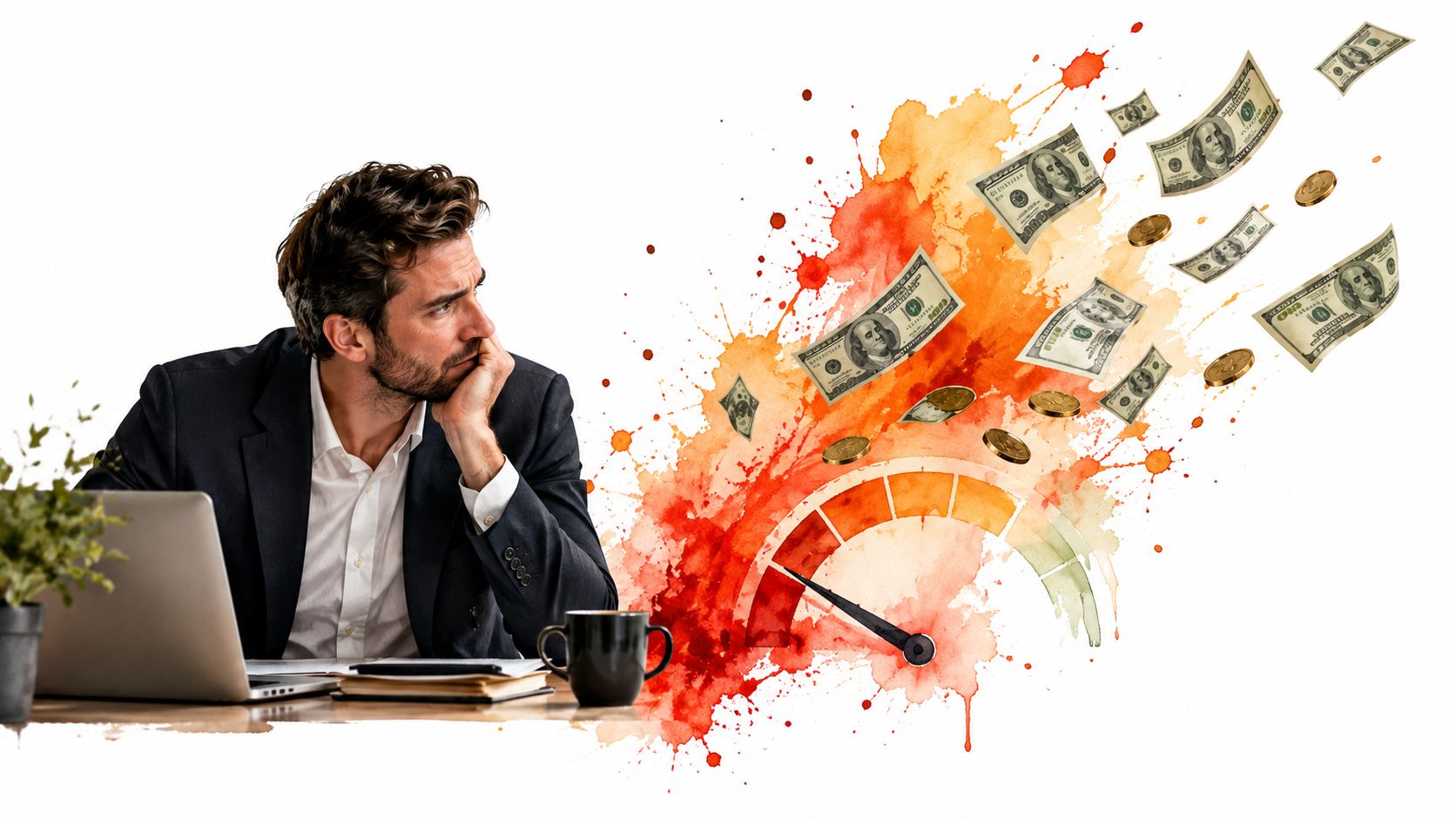 A concerned businessman looking at a conceptual graphic of money flying away from a speed gauge.