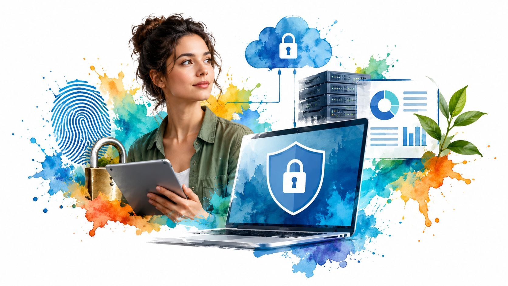 A woman holding a tablet with digital security icons, including a cloud, padlock, and data chart.