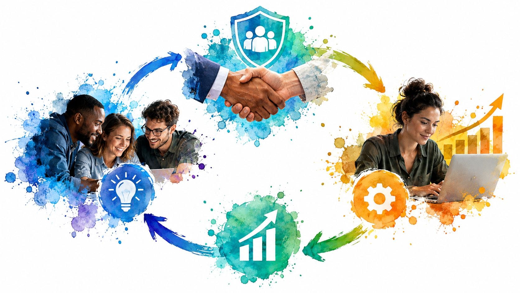 A conceptual illustration showing teamwork, business growth, and trust with people collaborating and interacting with data.