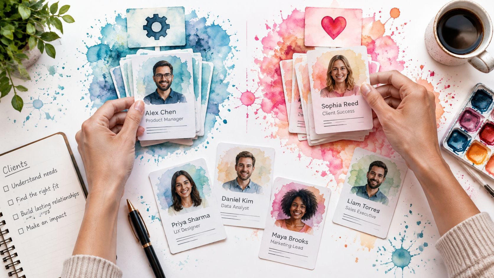 A flatlay view of hands organizing professional employee profile cards on a desk with client strategy notes.