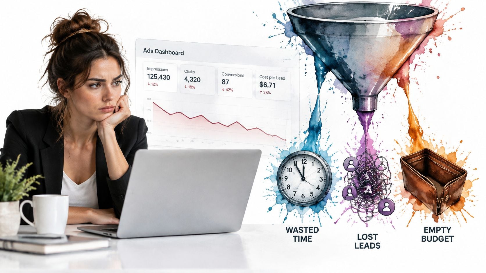 A concerned woman analyzing poor marketing campaign performance metrics on a laptop showing wasted time and budget.
