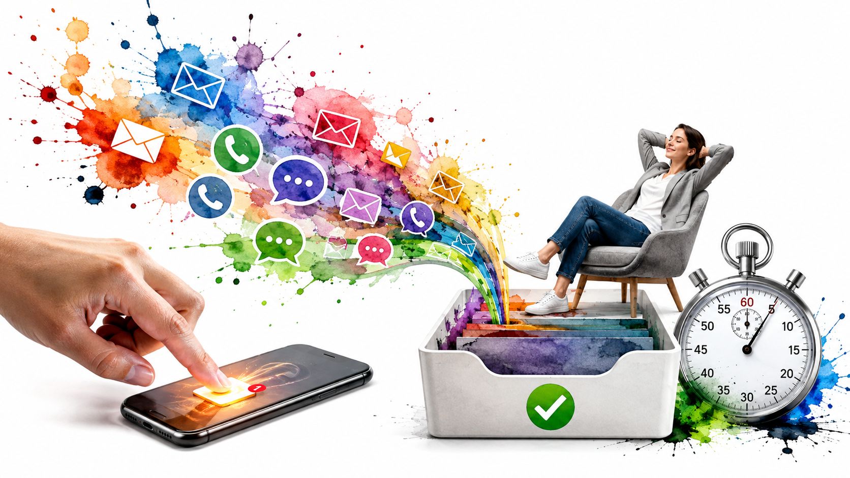 A woman relaxes in a chair while communication icons flow from a smartphone into a sorted folder.