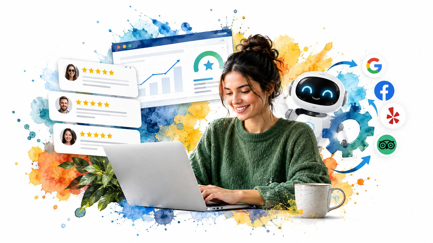 A woman using a laptop with a friendly robot, rating charts, and social media icons in the background.