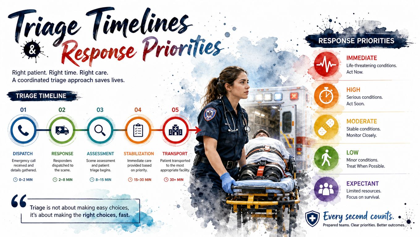 A professional infographic illustrating emergency medical triage timelines and response priorities for healthcare and emergency responders.