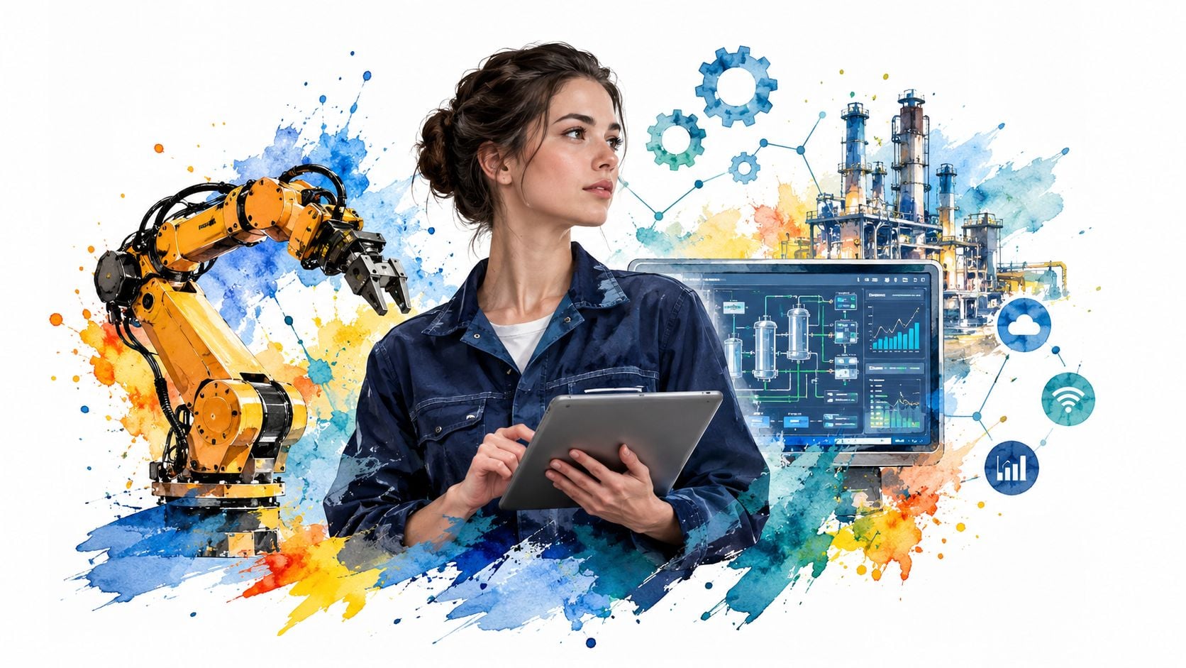A female industrial engineer using a digital tablet with factory automation, robotics, and cloud technology data visualization.