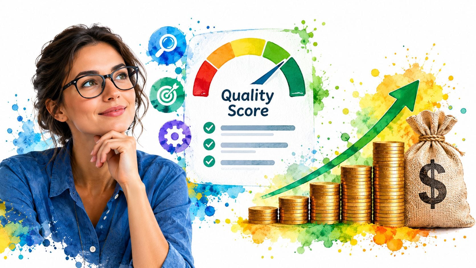 A thoughtful woman looking at a business chart showing an improved quality score and increasing financial profit.