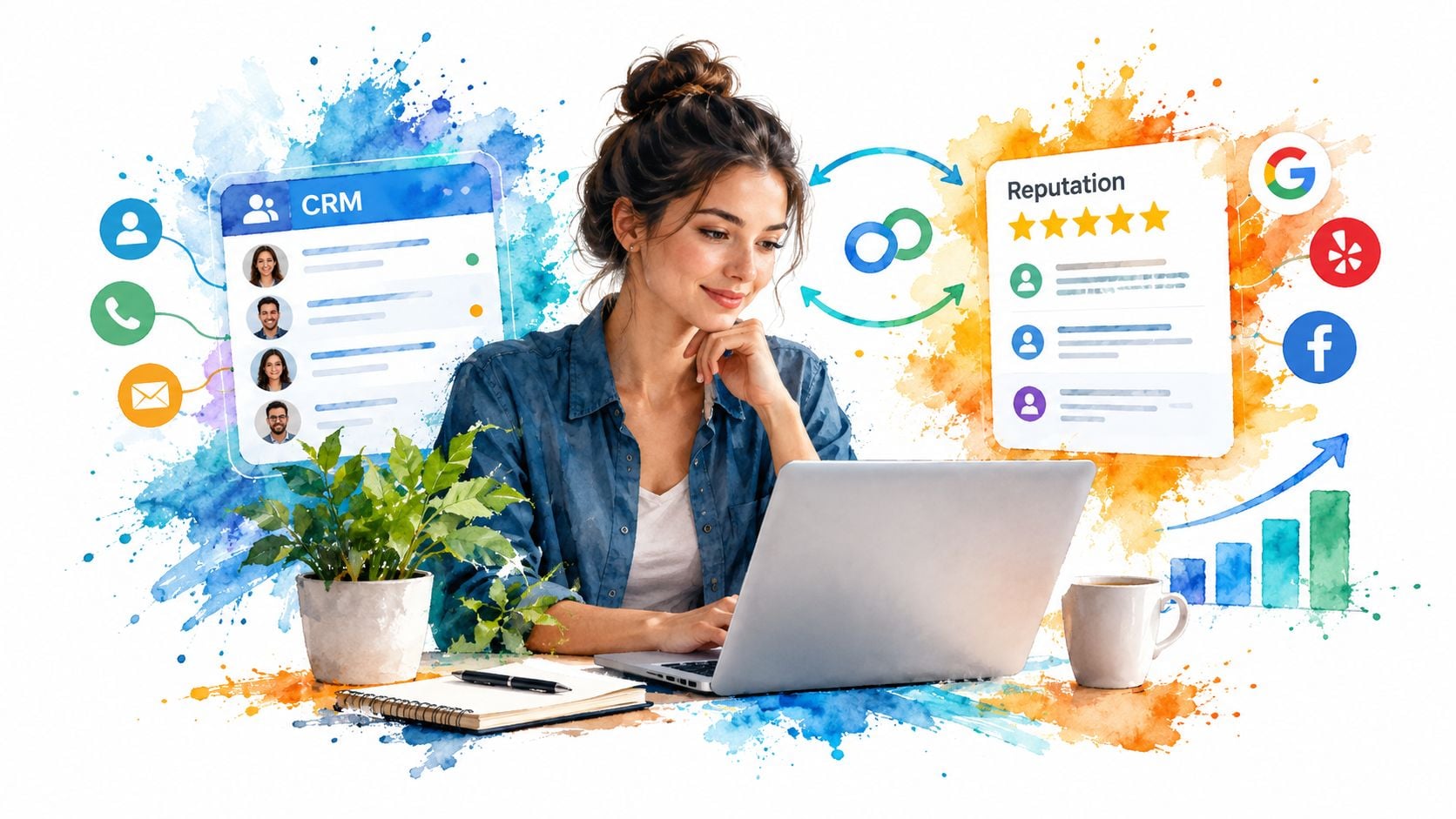 A woman using a laptop to manage customer relationships and online business reputation through digital marketing tools.