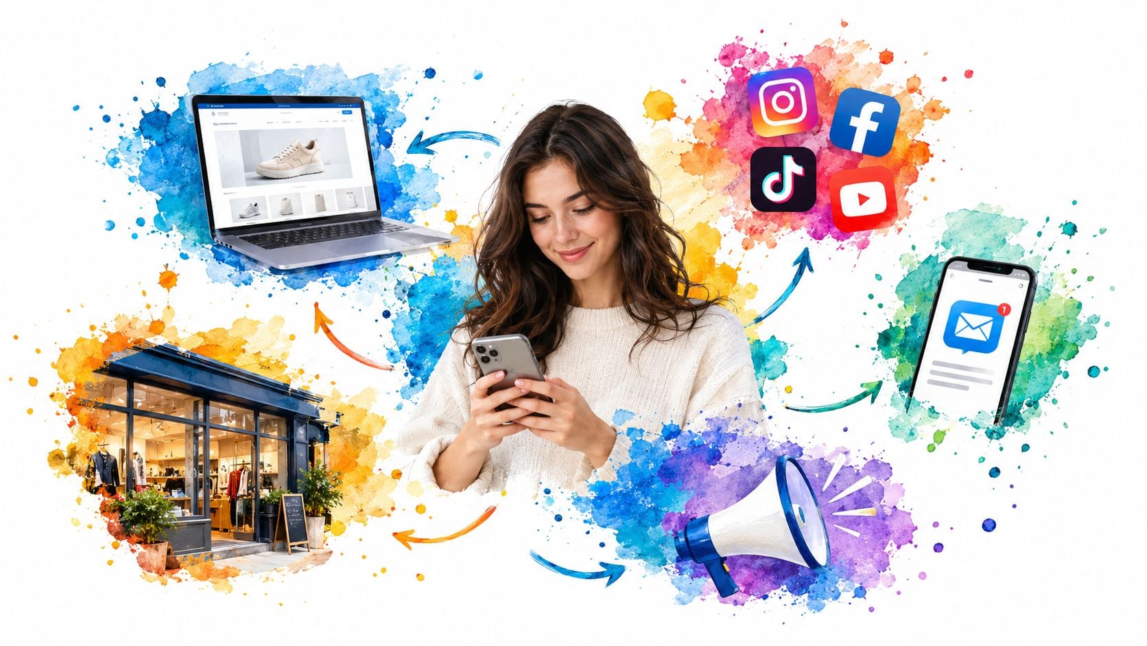 A woman using her smartphone surrounded by marketing channels including social media, email, websites, and retail stores.