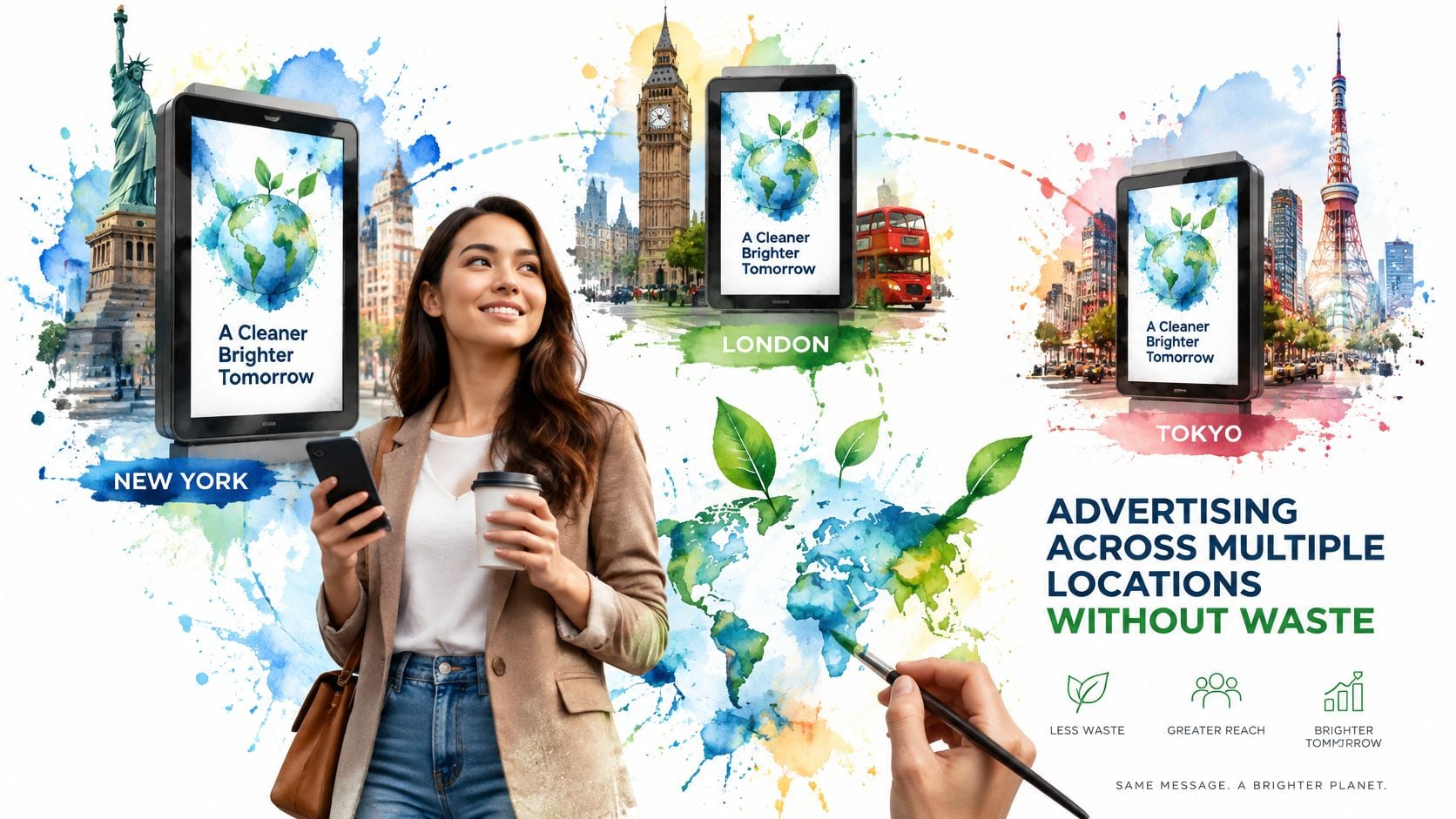 A woman holds a smartphone near digital billboards displaying environmental messages across New York, London, and Tokyo.