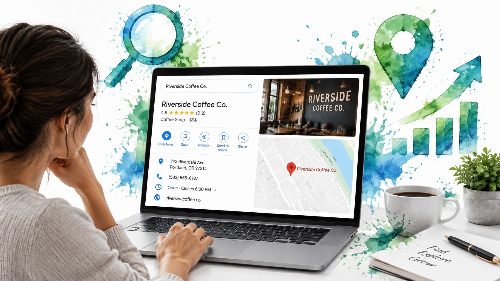 A woman looks at a laptop screen displaying a local business profile for a coffee shop.