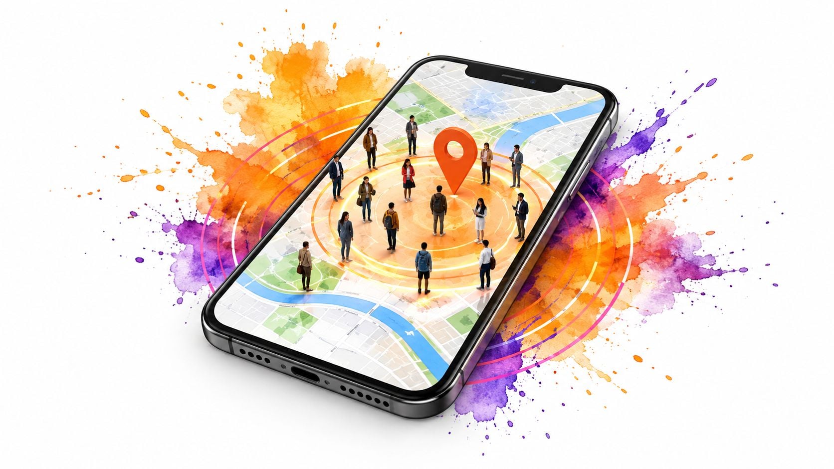 A smartphone display showing a map with a location pin and various people standing inside circles.